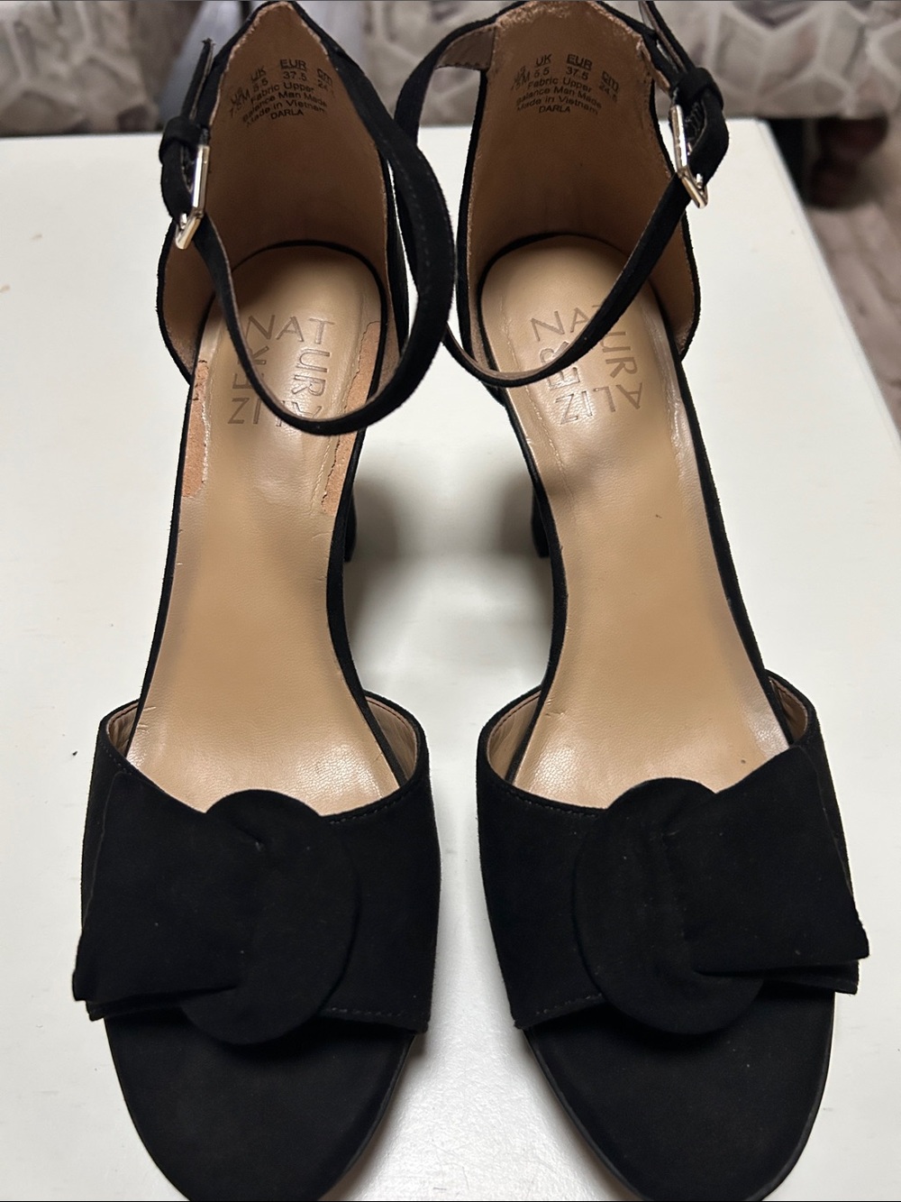 Naturalizer Black Suede Open-Toe Heels with Bow Accent